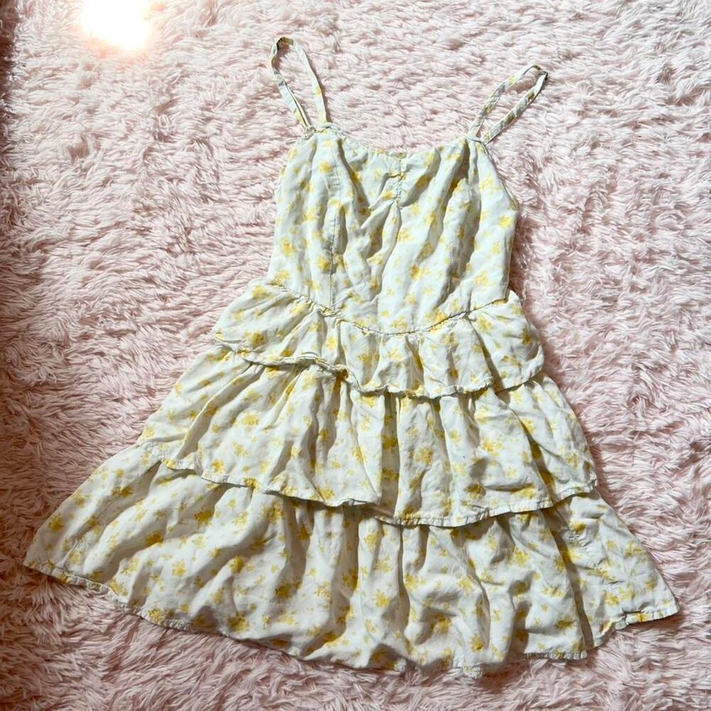 Yellow Floral Babydoll Tiered Ruffle Cottage Core Coquette Airy Summer Dress